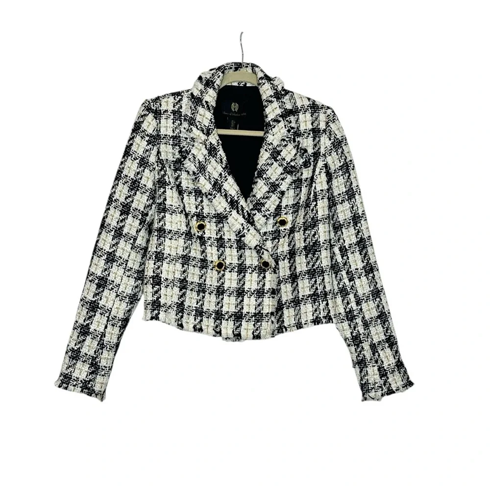 House of Harlow Plaid Tweed Metallic Fringe Wool Blend Blazer| S